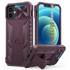 iPhone 12/12 Pro Military Grade Shockproof Protection Mobile Case Matte Textured Rugged TPU Shell with Kickstand and Slidable Camera Cover