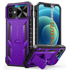 iPhone 12/12 Pro Military Grade Shockproof Protection Mobile Case Matte Textured Rugged TPU Shell with Kickstand and Slidable Camera Cover