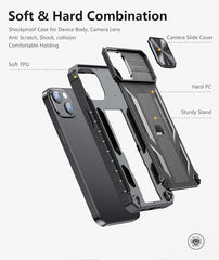 FNTCASE iPhone 13 iPhone 14 携帯電話カバー、スライド式カメラレンズカバーと内蔵キックスタンド付き