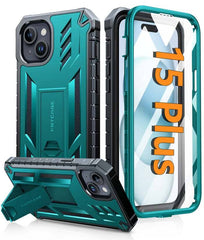 iPhone 15 Plus Military Grade Rugged Phone Cover with Built-in Screen Protector and Kickstand