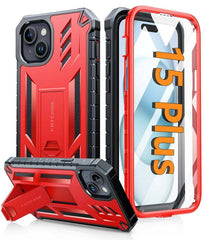 iPhone 15 Plus Military Grade Rugged Phone Cover with Built-in Screen Protector and Kickstand