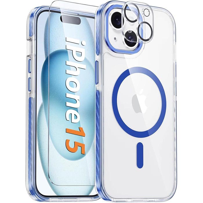 iPhone 15 Magnetic Clear Case with Built-in Anti-Collision Blue