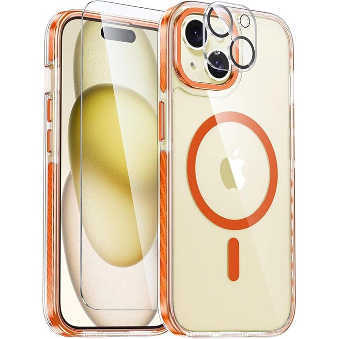 iPhone 15 Magnetic Clear Case with Built-in Anti-Collision Tape Orange