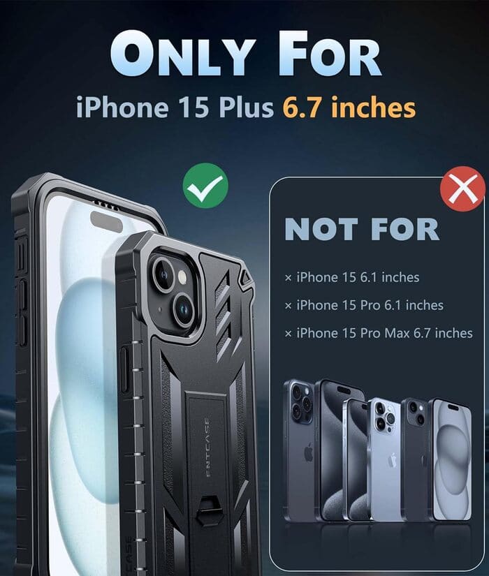 iPhone 15 Plus Military Grade Rugged Phone Cover with Built-in Screen Protector and Kickstand FNTCASE OFFICIAL iPhone 15 Plus Military Grade Rugged Phone Cover with Built-in Screen Protector and Kickstand FNTCASE OFFICIAL