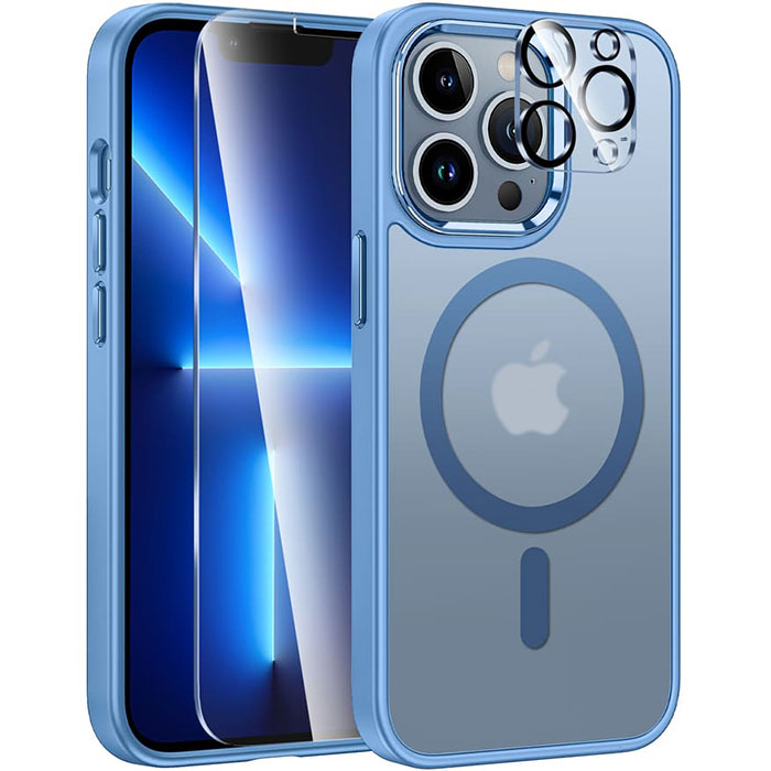 FNTCASE iPhone 13 Pro Case Frosted Oil Spray Touch Magsafe Support Blue