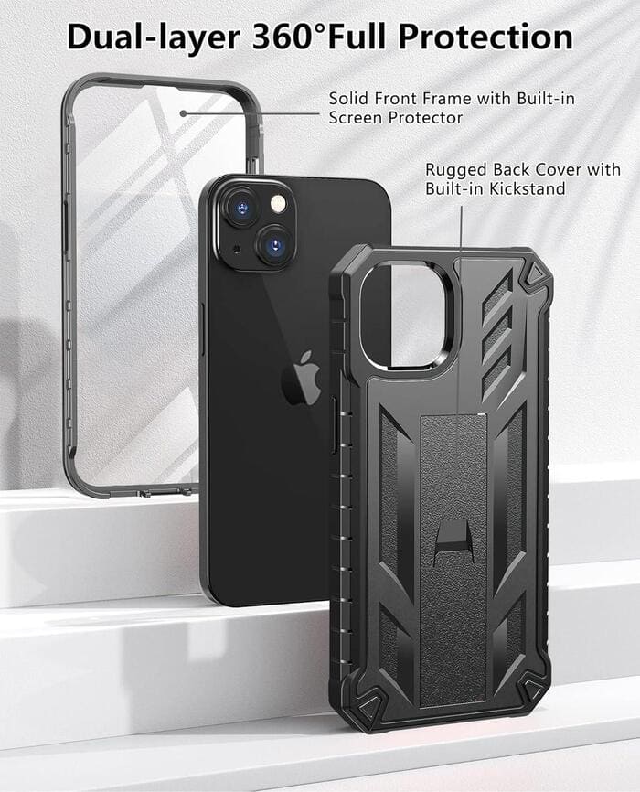 iPhone 13 iPhone 14 Military Shockproof Phone Case with Kickstand Black