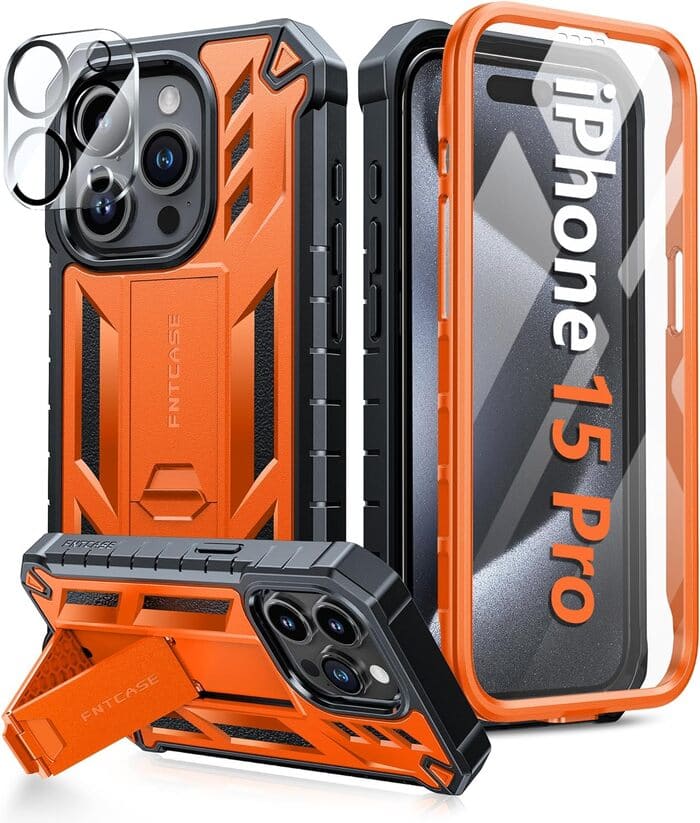 iPhone 15 Pro Phone Case with Built-in Screen Protector and Stand Orange FNTCASE