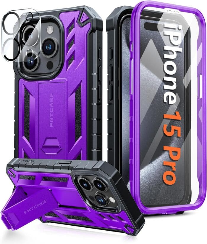 iPhone 15 Pro Phone Case with Built-in Screen Protector and Stand Purple FNTCASE