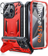 iPhone 15 Pro Phone Case with Built-in Screen Protector and Stand Red FNTCASE