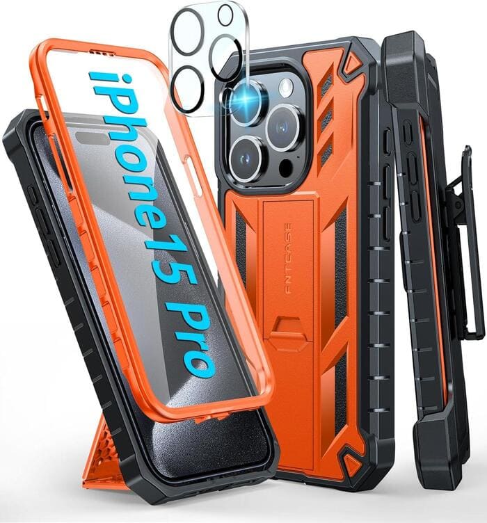 iPhone 15 Pro Cover with Belt-Clip Holster and Screen Protector Orange FNTCASE