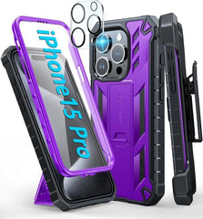 iPhone 15 Pro Cover with Belt-Clip Holster and Screen Protector Purple FNTCASE