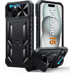 FNTCASE iPhone 15 Phone Cover with Slidable Camera Lens Cover and Built-in Kickstand