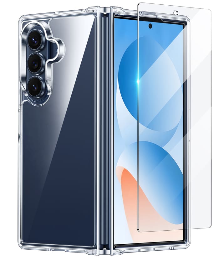 Smartphone with a clear case and screen protector on a white background