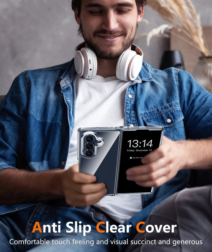 Man holding a smartphone with an anti-slip clear cover, wearing headphones.