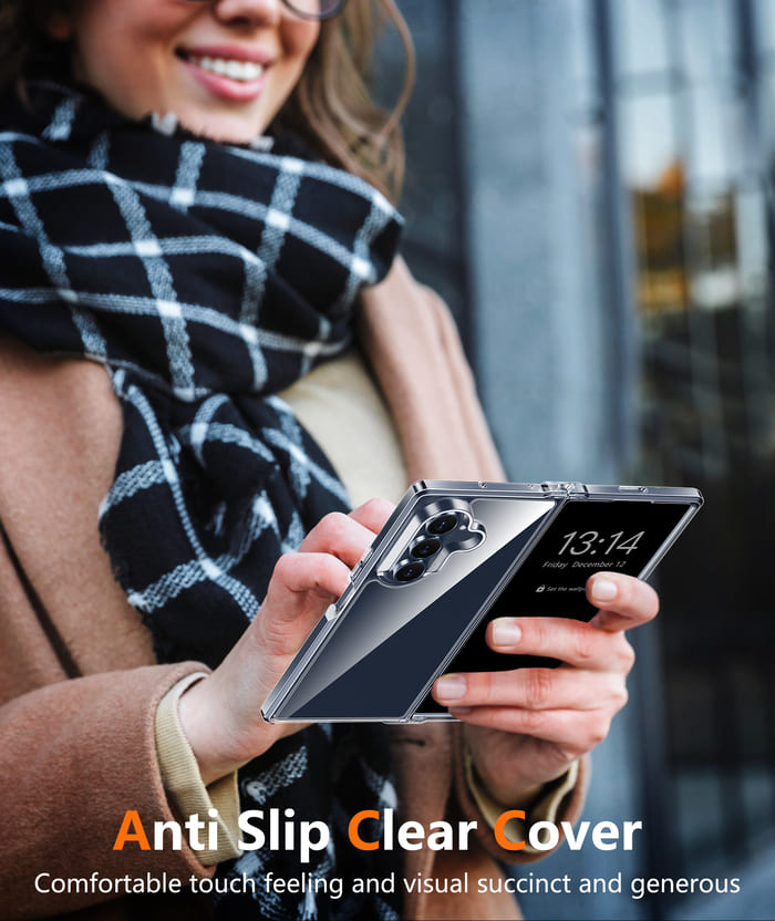 Person holding a smartphone with an anti-slip clear cover, wearing a checkered scarf.