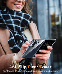 Person holding a smartphone with an anti-slip clear cover, wearing a checkered scarf.
