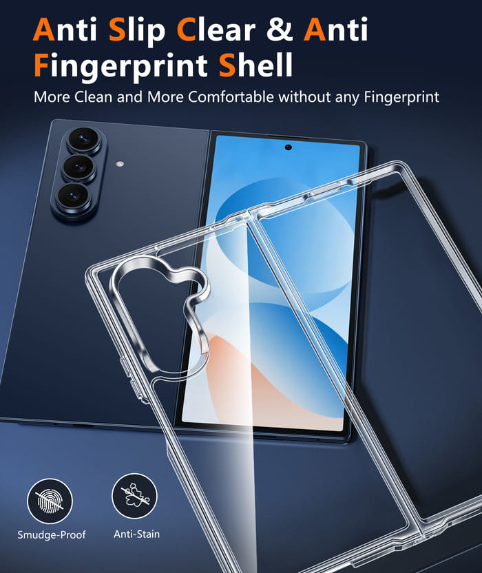 Clear phone case with anti-slip and anti-fingerprint features on a dark background