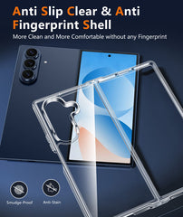 Clear phone case with anti-slip and anti-fingerprint features on a dark background