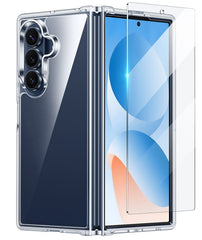 Smartphone with a clear case and screen protector on a white background