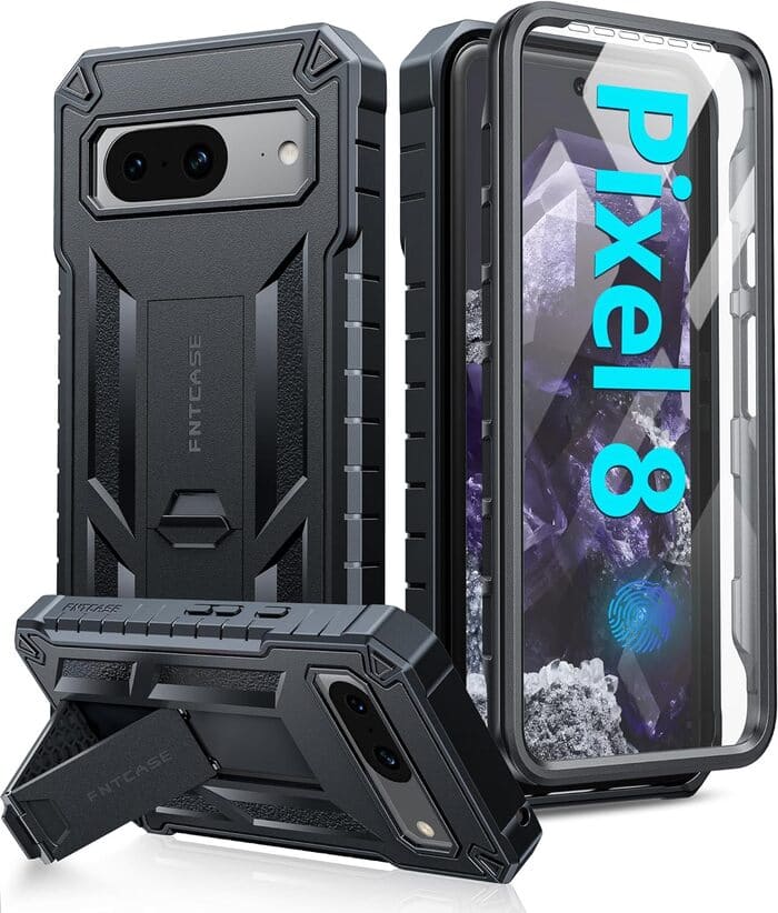Pixel 8 Phone Case with Built-in Screen Protector and Kickstand Black FNTCASE
