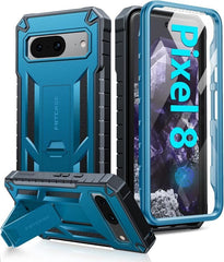 Pixel 8 Phone Case with Built-in Screen Protector and Kickstand Blue FNTCASE