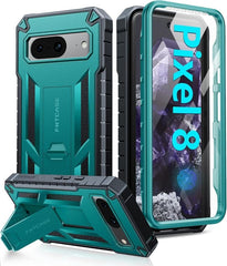 Pixel 8 Phone Case with Built-in Screen Protector and Kickstand Green FNTCASE