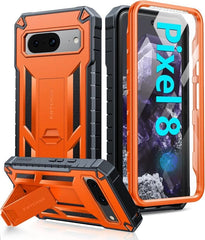 Pixel 8 Phone Case with Built-in Screen Protector and Kickstand Orange FNTCASE