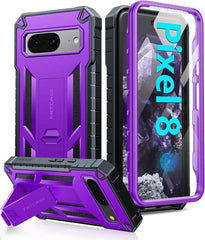 Pixel 8 Phone Case with Built-in Screen Protector and Kickstand Purple FNTCASE