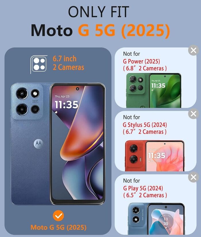 Comparison chart showing compatibility of Moto G 5G (2025) with other models on a blue background.