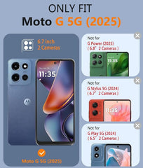 Comparison chart showing compatibility of Moto G 5G (2025) with other models on a blue background.