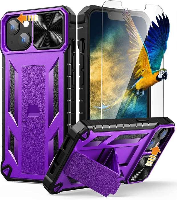iPhone 13 iPhone 14 Military Rugged Textured Cover with Kickstand