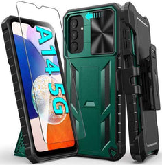 Galaxy A14 5G Military Matte Textured Bumper Rugged Cover with Belt Clip Holster, Kickstand & Sliding Camera Cover - FNTCASE OFFICIAL