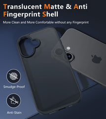 FNTCASE for iPhone 16 Phone Case: Translucent Matte Shockproof Slim Phone Cover - Military Grade Drop Proof Hard Back Anti-Fingerprint Protective Case