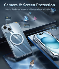 iPhone 15 Plus Clear Case: Magnetic Charging Anti Yellowing Shockproof Magsafe Support