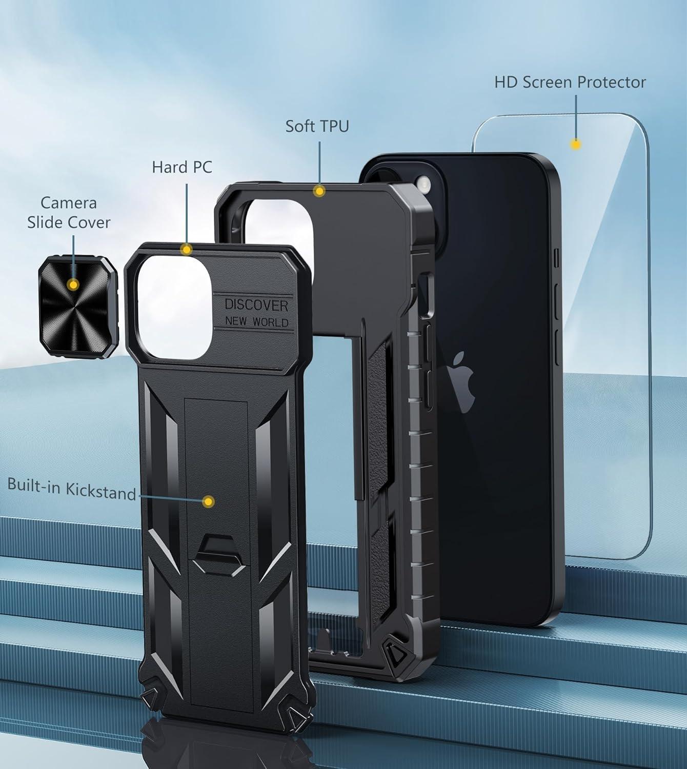 iPhone 15 Phone Cover with Slidable Camera Lens Cover and Stand