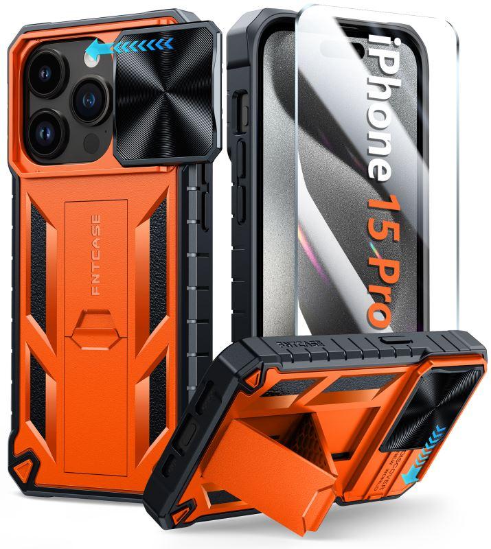 iPhone 15 Pro Phone Cover with Kickstand Orange FNTCASE