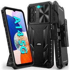 Galaxy A14 5G Militär-Matte, strukturierte, robuste Stoßstangenabdeckung mit Gürtelclip-Holster, Ständer und verschiebbarer Kameraabdeckung