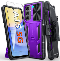 Galaxy A15 5G 6.5 inches Case: Rugged Protective Phone Case with Belt Clip Holster, Sliding Camera Lens Cover, and Kickstand