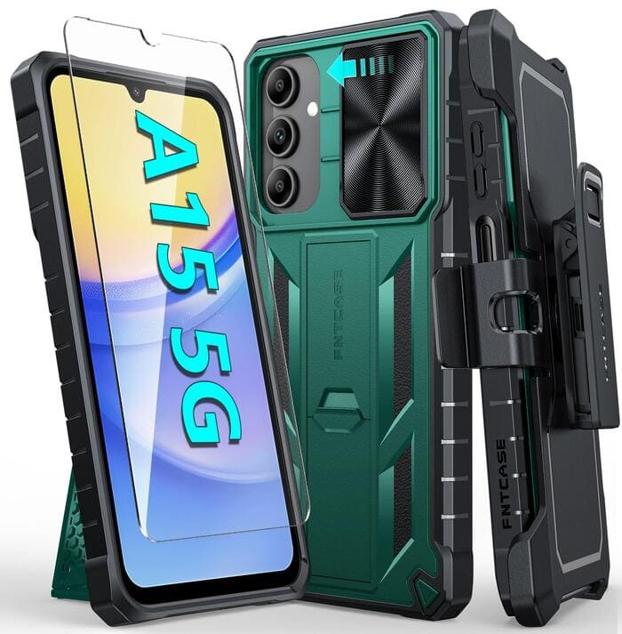 Galaxy A15 5G Case with Belt Clip Holster, Sliding Camera Cover Green