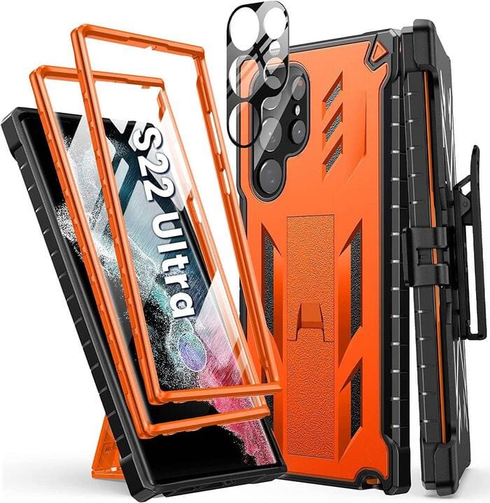 Galaxy S22 Ultra Extra Front Frame Cover with Belt-Clip Holster Orange
