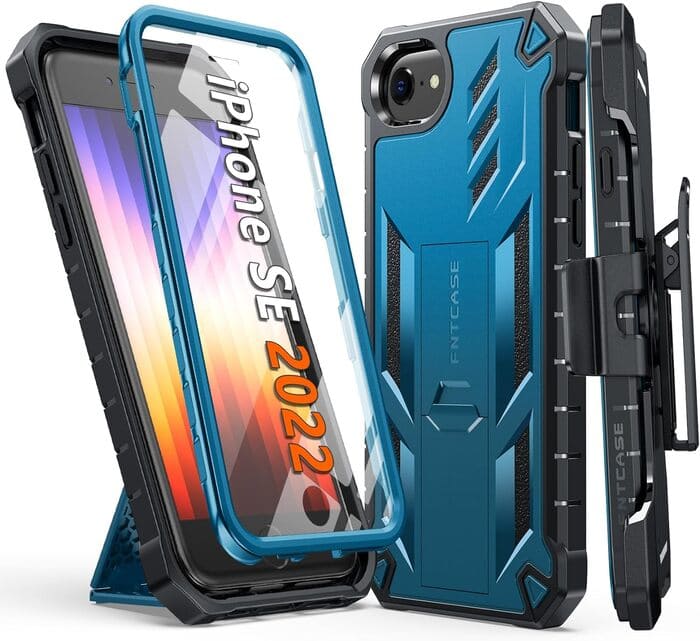 iPhone SE 2022 Phone Case with Belt Clip Holster, Kickstand Blue