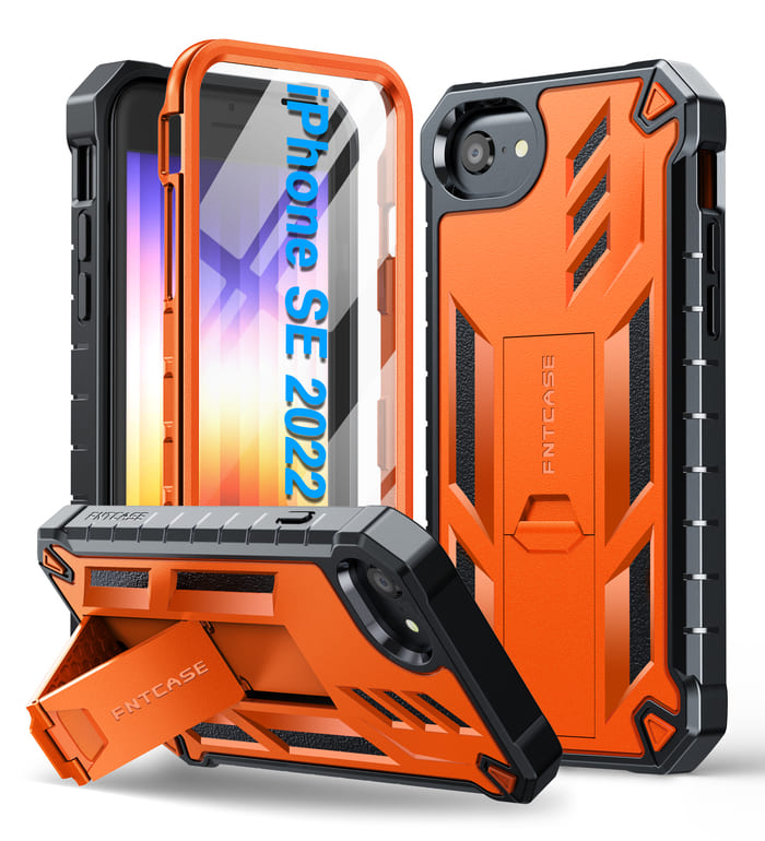 FNTCASE iPhone SE 2022 Military Grade Phone Case with Kickstand Orange