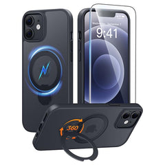 iPhone 12/12 Pro Case: 360° Spin Magnetic Stand, MagSafe, Screen Protector, Translucent Matte Military Grade Shockproof Full Camera Protective Phone Cover