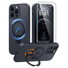iPhone 12 Pro Max Case: 360° Spin Magnetic Stand, MagSafe, Screen Protector, Translucent Matte Military Grade Shockproof Full Camera Protective Phone Cover