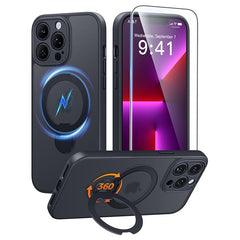 iPhone 13 Pro Max Case: 360° Spin Magnetic Stand, MagSafe, Screen Protector, Translucent Matte Military Grade Shockproof Full Camera Protective Phone Cover