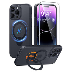 iPhone 14 Pro Case: 360° Spin Magnetic Stand, MagSafe, Screen Protector, Translucent Matte Military Grade Shockproof Full Camera Protective Phone Cover