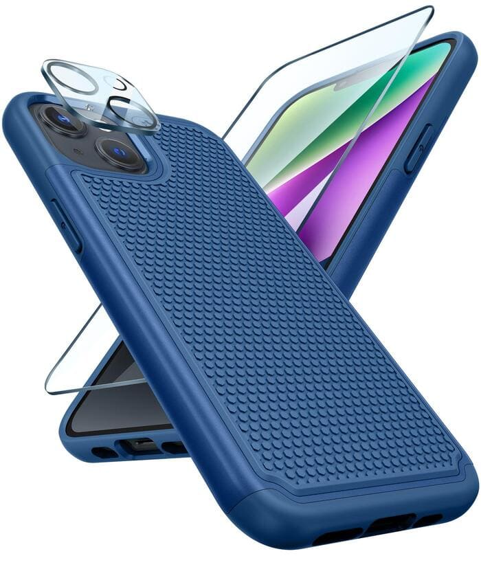 iPhone 15 Case with Glass Screen Protector, Camera Lens Protector Blue FNTCASE