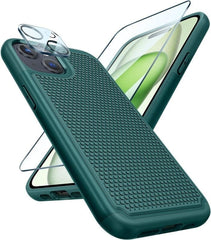 iPhone 15 Case with Glass Screen Protector, Camera Lens Protector Green FNTCASE
