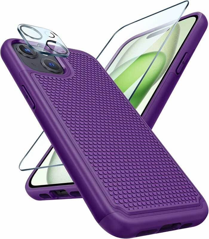 iPhone 15 Case with Glass Screen Protector, Camera Lens Protector Purple FNTCASE