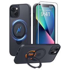 iPhone 15/14/13 Case: 360° Spin Magnetic Stand, MagSafe, Screen Protector, Translucent Matte Military Grade Shockproof Full Camera Protective Phone Cover